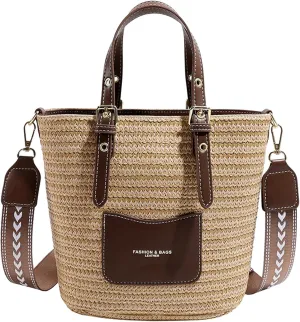 Women Straw Bag Knit Woven Wide Shoulder Strap Vacation Shoulder Handbag Handle Bag
