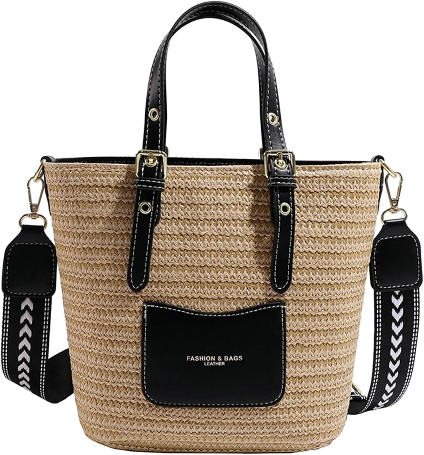 Women Straw Bag Knit Woven Wide Shoulder Strap Vacation Shoulder Handbag Handle Bag