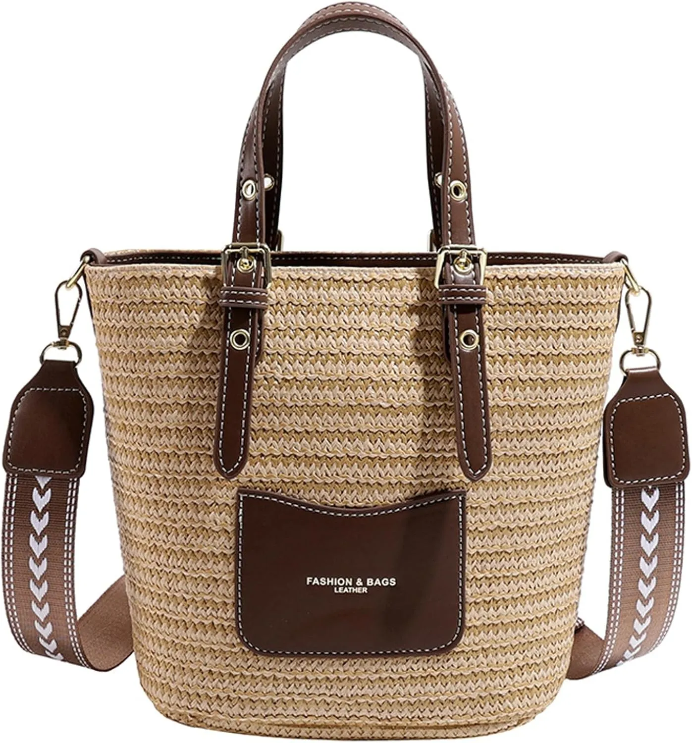 Women Straw Bag Knit Woven Wide Shoulder Strap Vacation Shoulder Handbag Handle Bag
