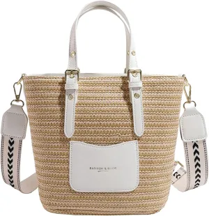 Women Straw Bag Knit Woven Wide Shoulder Strap Vacation Shoulder Handbag Handle Bag