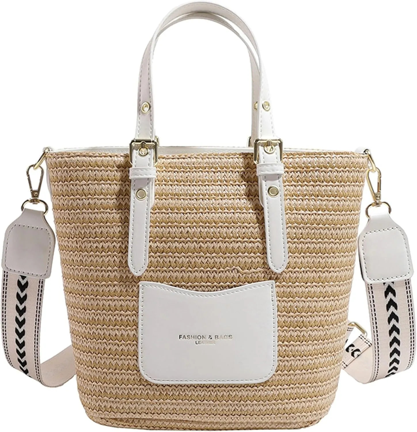 Women Straw Bag Knit Woven Wide Shoulder Strap Vacation Shoulder Handbag Handle Bag
