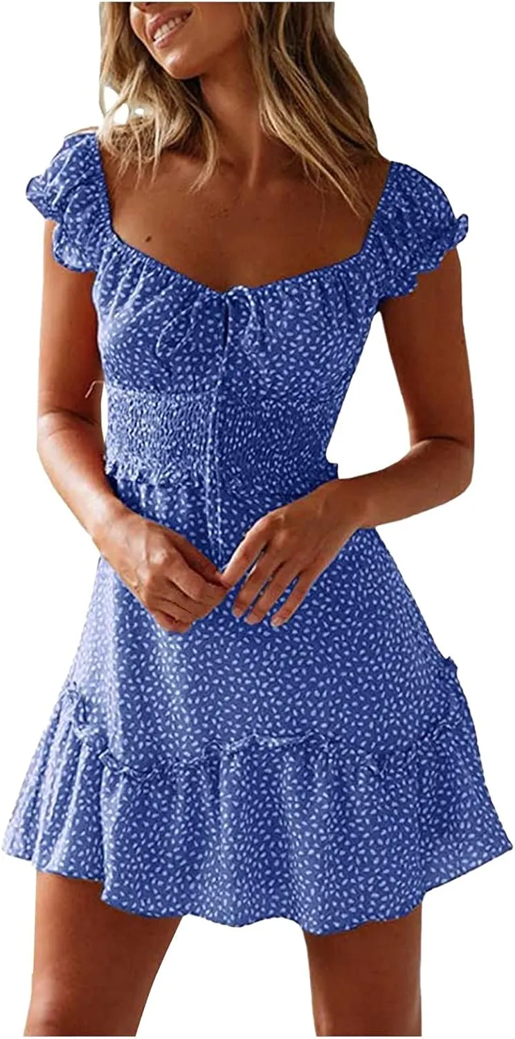 Women Summer Dresses Square Neck Ruffle Sleeve Pleated Tiered Floral Print Boohemian Mini Dress Beach Vacation Clothes
