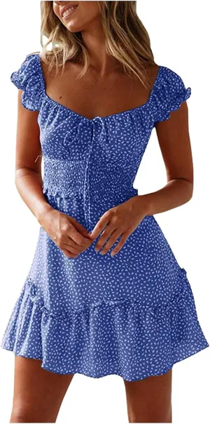 Women Summer Dresses Square Neck Ruffle Sleeve Pleated Tiered Floral Print Boohemian Mini Dress Beach Vacation Clothes
