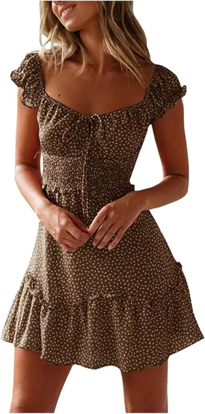 Women Summer Dresses Square Neck Ruffle Sleeve Pleated Tiered Floral Print Boohemian Mini Dress Beach Vacation Clothes
