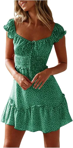 Women Summer Dresses Square Neck Ruffle Sleeve Pleated Tiered Floral Print Boohemian Mini Dress Beach Vacation Clothes