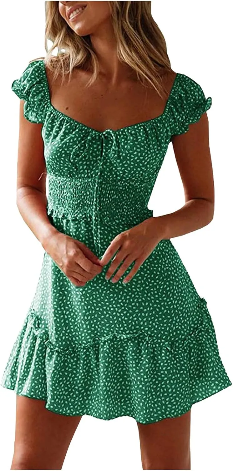 Women Summer Dresses Square Neck Ruffle Sleeve Pleated Tiered Floral Print Boohemian Mini Dress Beach Vacation Clothes