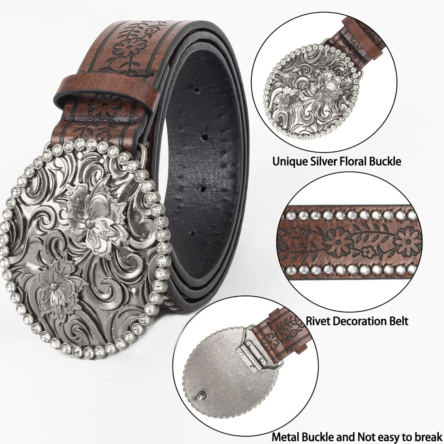 Women-Western-Cowboy-Belt Bling Rhinestone Buckle Cowgirl Belt PU Leather Belt for Jeans Pants(for 28-38'')
