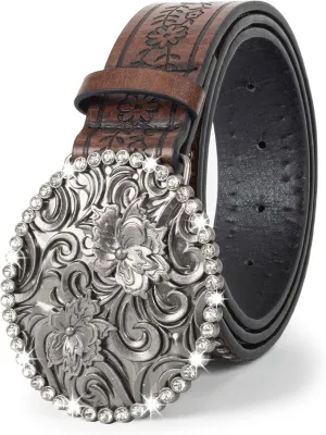 Women-Western-Cowboy-Belt Bling Rhinestone Buckle Cowgirl Belt PU Leather Belt for Jeans Pants(for 28-38'')