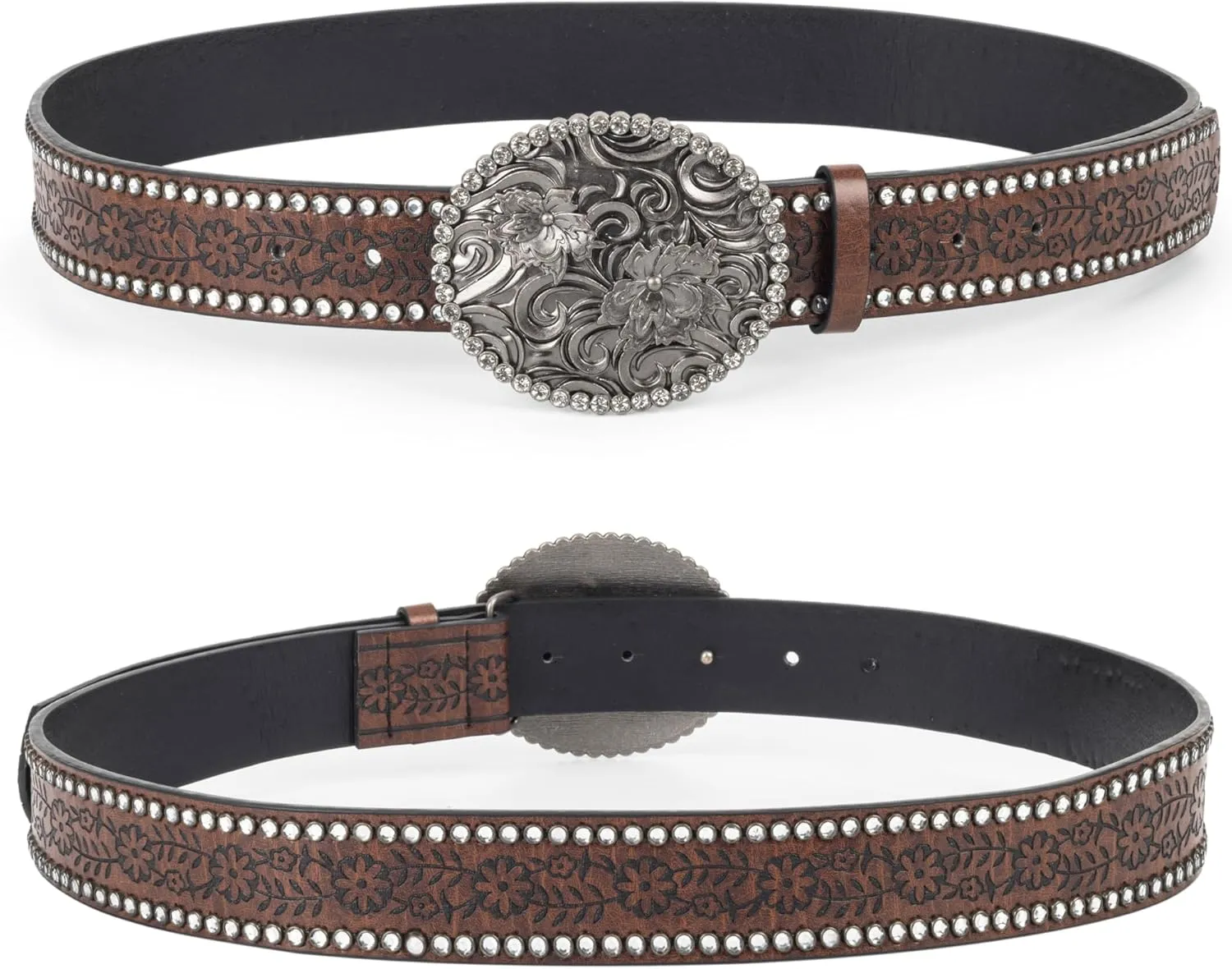 Women-Western-Cowboy-Belt Bling Rhinestone Buckle Cowgirl Belt PU Leather Belt for Jeans Pants(for 28-38'')