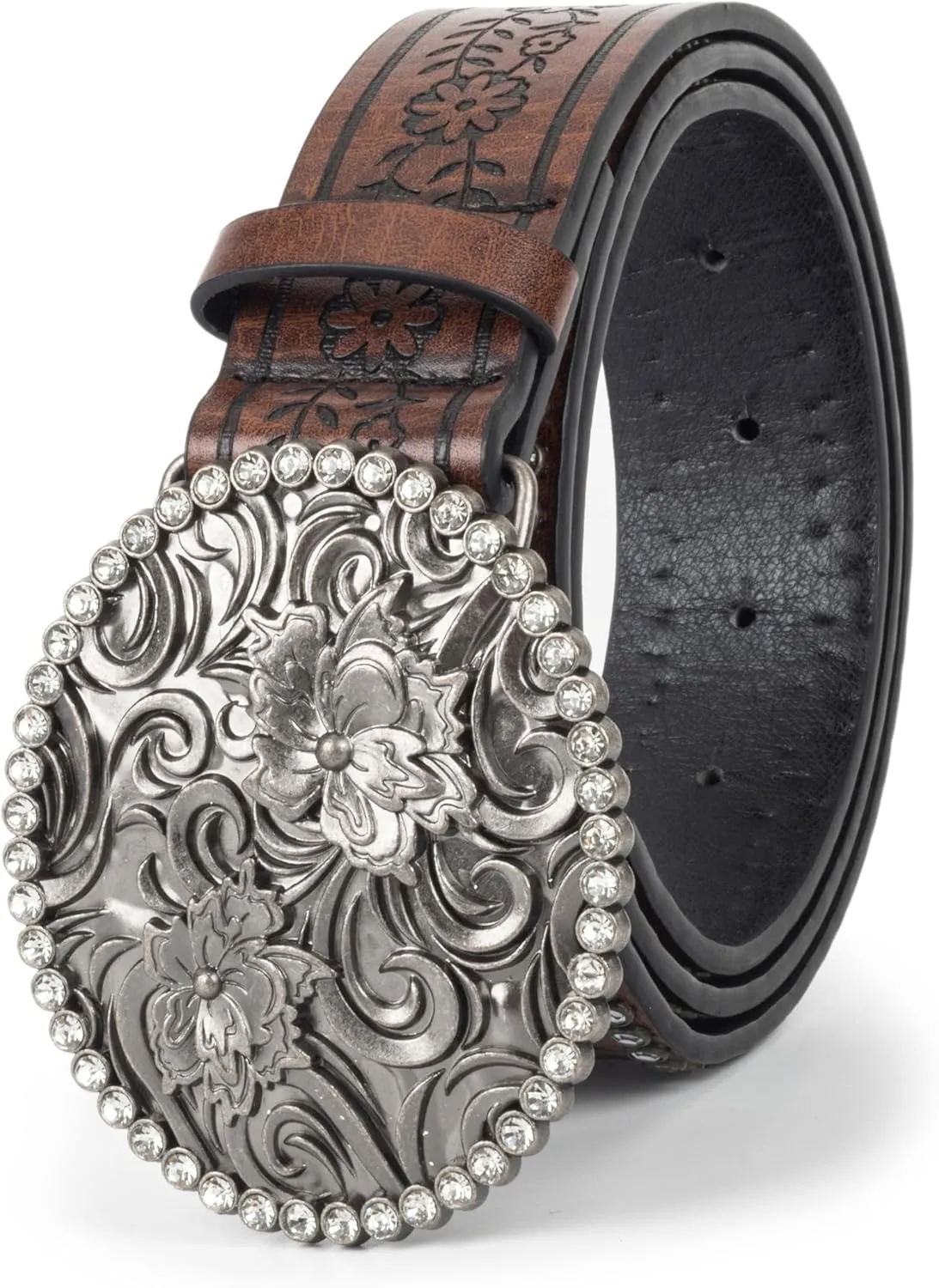 Women-Western-Cowboy-Belt Bling Rhinestone Buckle Cowgirl Belt PU Leather Belt for Jeans Pants(for 28-38'')