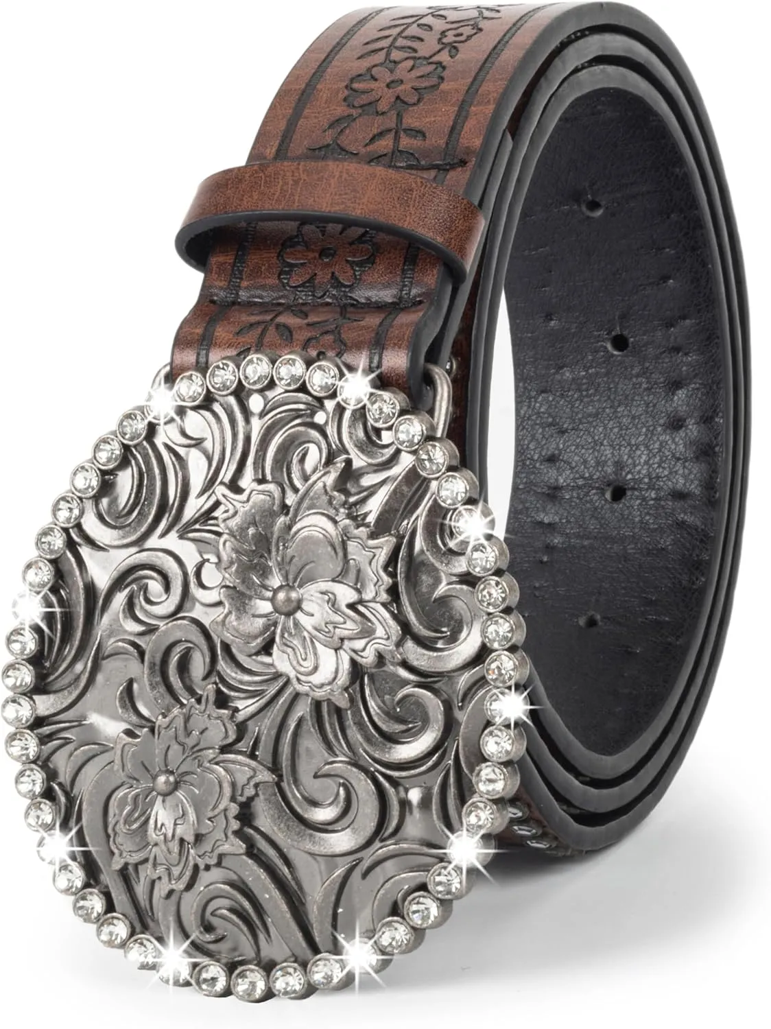 Women-Western-Cowboy-Belt Bling Rhinestone Buckle Cowgirl Belt PU Leather Belt for Jeans Pants(for 28-38'')