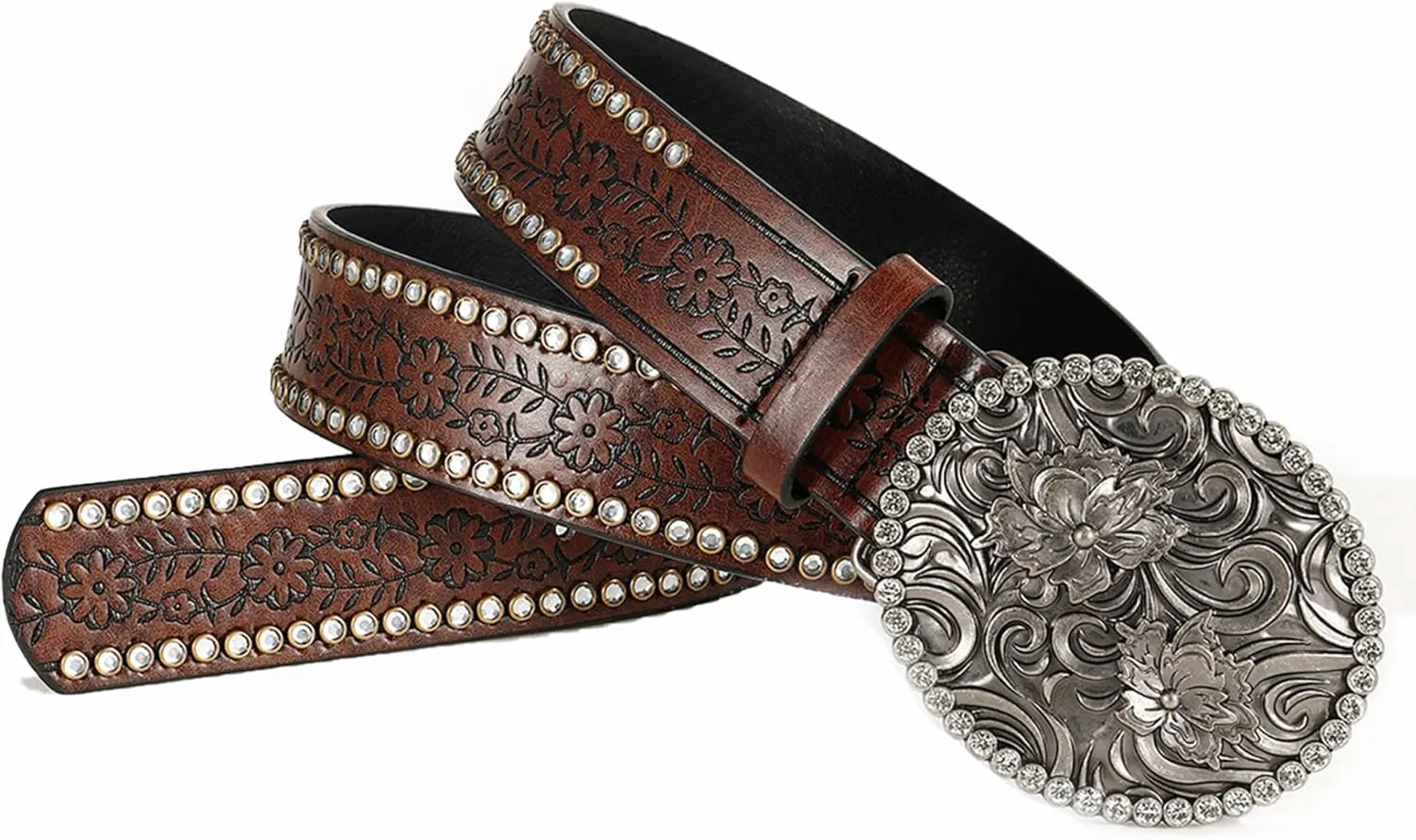 Women-Western-Cowboy-Belt Bling Rhinestone Buckle Cowgirl Belt PU Leather Belt for Jeans Pants(for 28-38'')