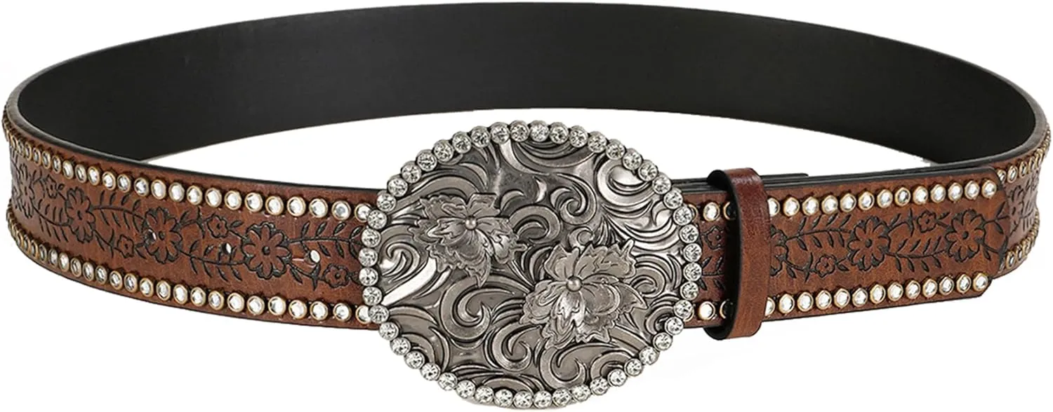 Women-Western-Cowboy-Belt Bling Rhinestone Buckle Cowgirl Belt PU Leather Belt for Jeans Pants(for 28-38'')