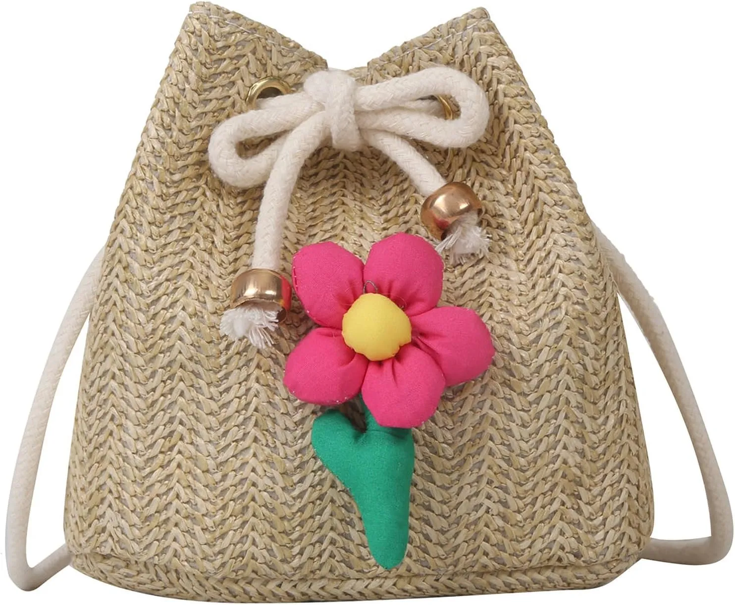 Women Woven Straw Bucket Bag, Mini Cute Multi Colored Flower Crossbody Tote Purses,Vacation Handbag Summer Beach