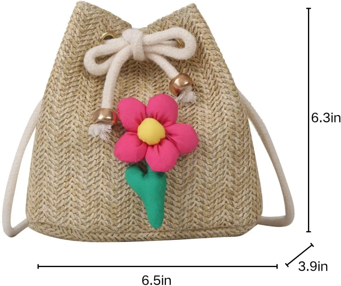 Women Woven Straw Bucket Bag, Mini Cute Multi Colored Flower Crossbody Tote Purses,Vacation Handbag Summer Beach