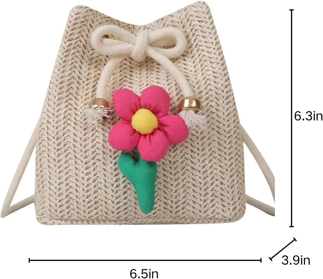Women Woven Straw Bucket Bag, Mini Cute Multi Colored Flower Crossbody Tote Purses,Vacation Handbag Summer Beach