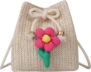 Women Woven Straw Bucket Bag, Mini Cute Multi Colored Flower Crossbody Tote Purses,Vacation Handbag Summer Beach