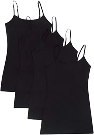 Womens 2, 4 Pack: Camisole Spaghetti Straps Long Tanks in Junior 4 Pack - Black Large