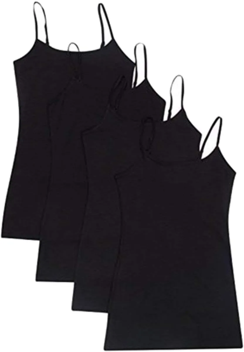 Womens 2, 4 Pack: Camisole Spaghetti Straps Long Tanks in Junior 4 Pack - Black Large