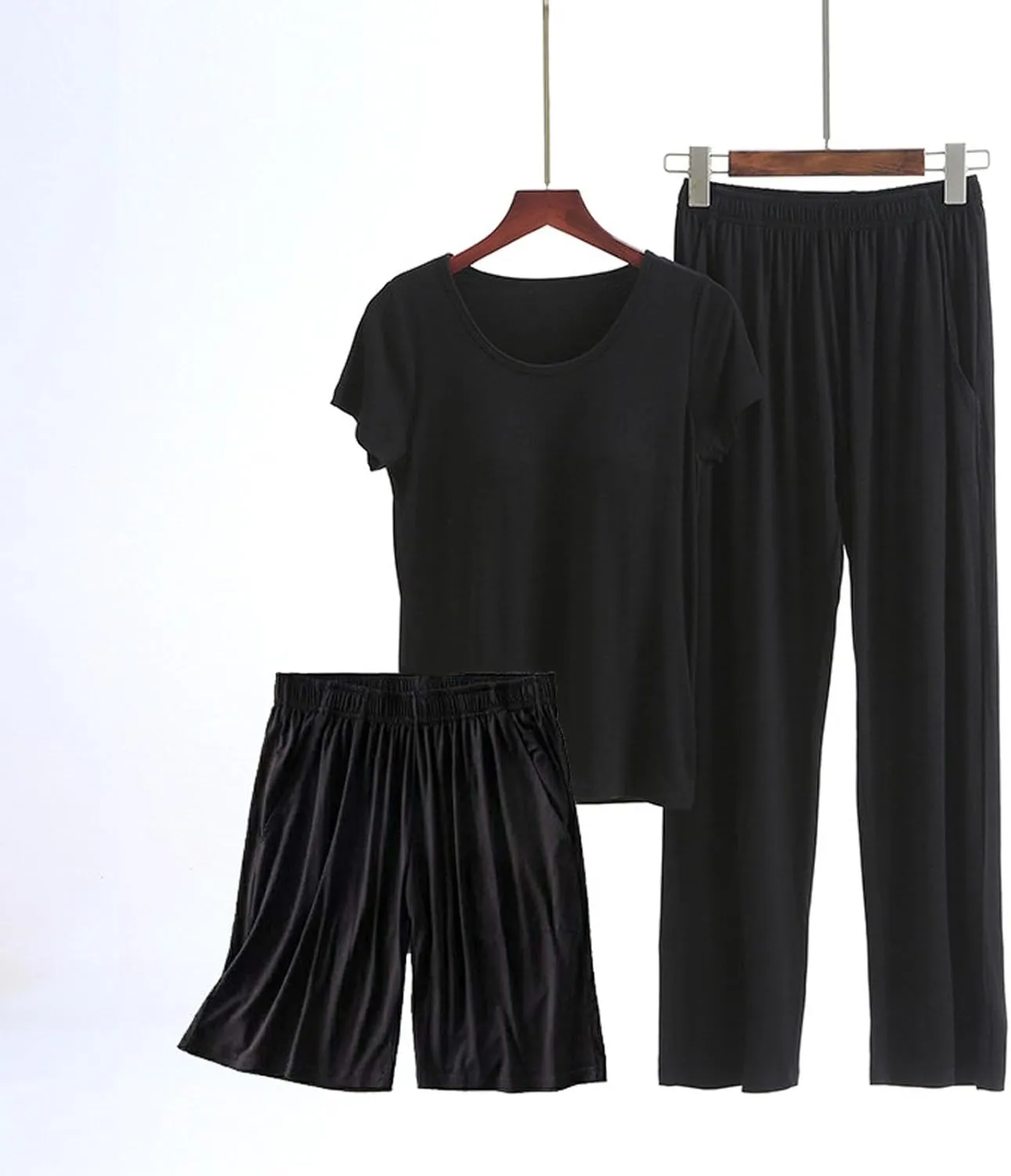 Womens 3 Piece Casual Loungewear Set, Short Sleeve Crewneck Tops Elastic High Waist Shorts and Pants, Daily Pajama