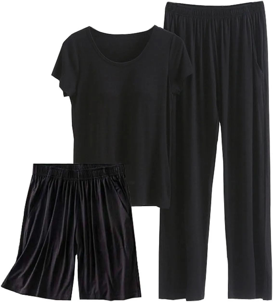 Womens 3 Piece Casual Loungewear Set, Short Sleeve Crewneck Tops Elastic High Waist Shorts and Pants, Daily Pajama
