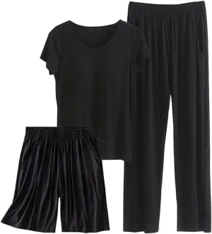 Womens 3 Piece Casual Loungewear Set, Short Sleeve Crewneck Tops Elastic High Waist Shorts and Pants, Daily Pajama