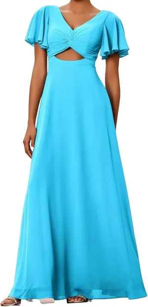 Women's Bridesmaid Dresses V Neck Off The Short Sleeve Long Pleated Chiffon A Line Formal Evening Gown