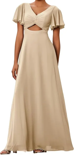 Women's Bridesmaid Dresses V Neck Off The Short Sleeve Long Pleated Chiffon A Line Formal Evening Gown