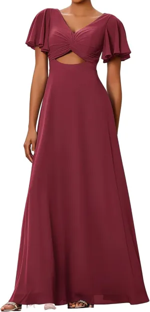 Women's Bridesmaid Dresses V Neck Off The Short Sleeve Long Pleated Chiffon A Line Formal Evening Gown