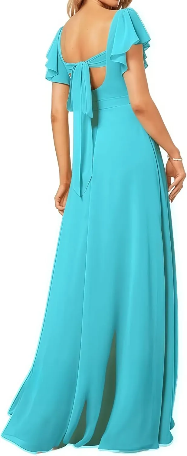 Women's Bridesmaid Dresses V Neck Short Sleeve for Wedding Ruffled Long Chiffon Evening Formal Party Gowns