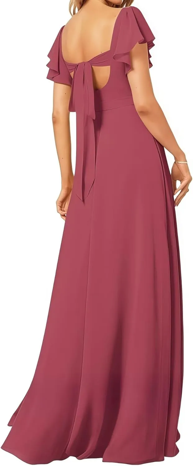 Women's Bridesmaid Dresses V Neck Short Sleeve for Wedding Ruffled Long Chiffon Evening Formal Party Gowns