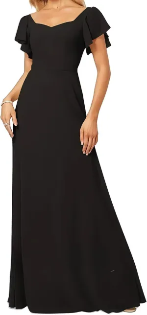Women's Bridesmaid Dresses V Neck Short Sleeve for Wedding Ruffled Long Chiffon Evening Formal Party Gowns