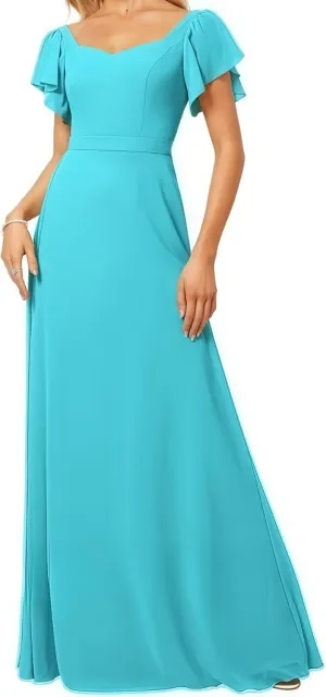 Women's Bridesmaid Dresses V Neck Short Sleeve for Wedding Ruffled Long Chiffon Evening Formal Party Gowns