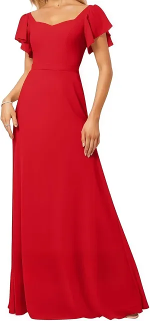Women's Bridesmaid Dresses V Neck Short Sleeve for Wedding Ruffled Long Chiffon Evening Formal Party Gowns