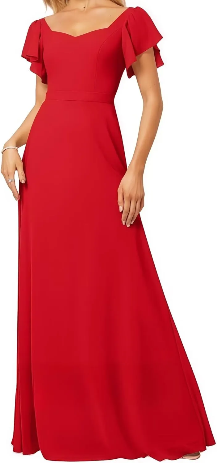 Women's Bridesmaid Dresses V Neck Short Sleeve for Wedding Ruffled Long Chiffon Evening Formal Party Gowns