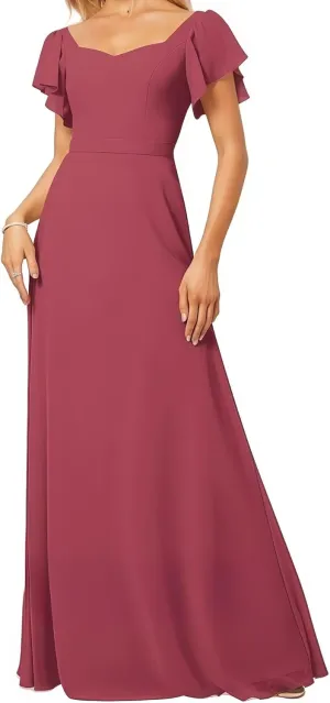 Women's Bridesmaid Dresses V Neck Short Sleeve for Wedding Ruffled Long Chiffon Evening Formal Party Gowns