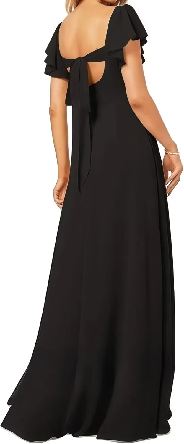 Women's Bridesmaid Dresses V Neck Short Sleeve for Wedding Ruffled Long Chiffon Evening Formal Party Gowns