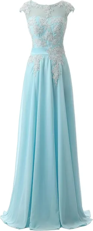 Women's Cap Sleeve Ruched Lace Bridesmaid Dresses Round Neck Chiffon Formal Evening Gowns
