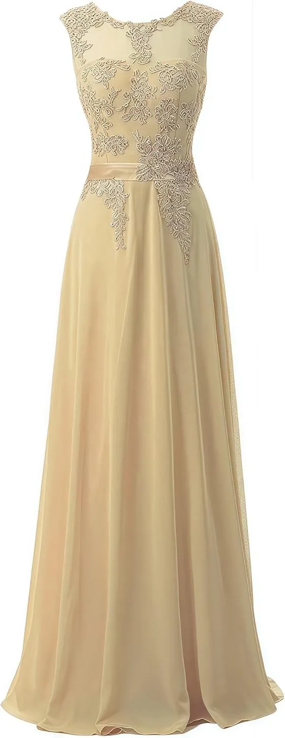 Women's Cap Sleeve Ruched Lace Bridesmaid Dresses Round Neck Chiffon Formal Evening Gowns
