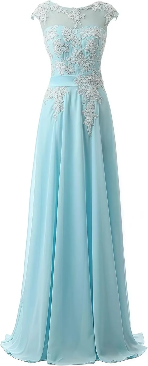 Women's Cap Sleeve Ruched Lace Bridesmaid Dresses Round Neck Chiffon Formal Evening Gowns