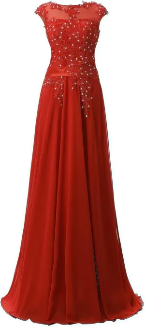 Women's Cap Sleeve Ruched Lace Bridesmaid Dresses Round Neck Chiffon Formal Evening Gowns