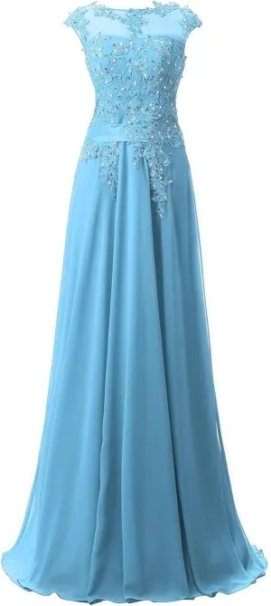 Women's Cap Sleeve Ruched Lace Bridesmaid Dresses Round Neck Chiffon Formal Evening Gowns