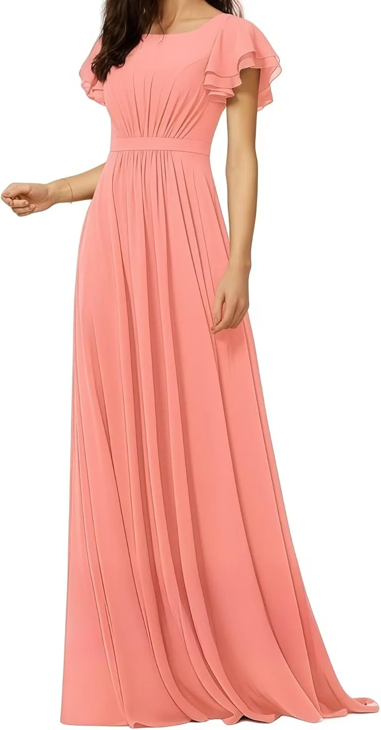 Women's Crewneck Bridesmaid Dresses Short Sleeve Floor Length A-Line Pleated Chiffon Evening Dress