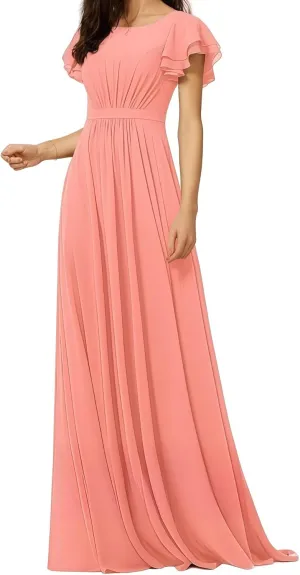 Women's Crewneck Bridesmaid Dresses Short Sleeve Floor Length A-Line Pleated Chiffon Evening Dress