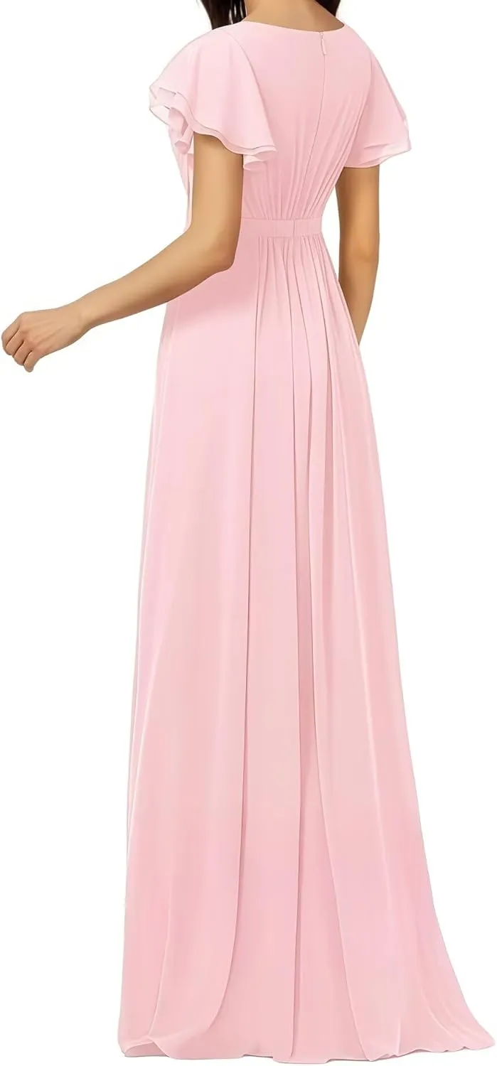 Women's Crewneck Bridesmaid Dresses Short Sleeve Floor Length A-Line Pleated Chiffon Evening Dress
