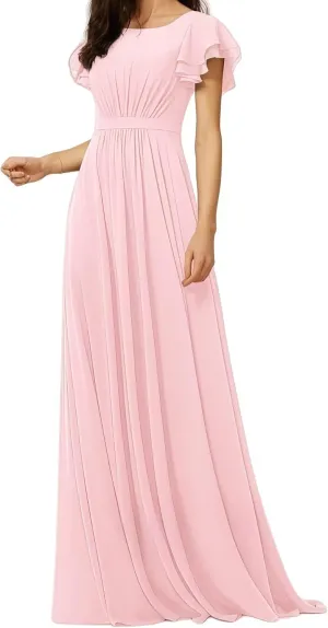 Women's Crewneck Bridesmaid Dresses Short Sleeve Floor Length A-Line Pleated Chiffon Evening Dress