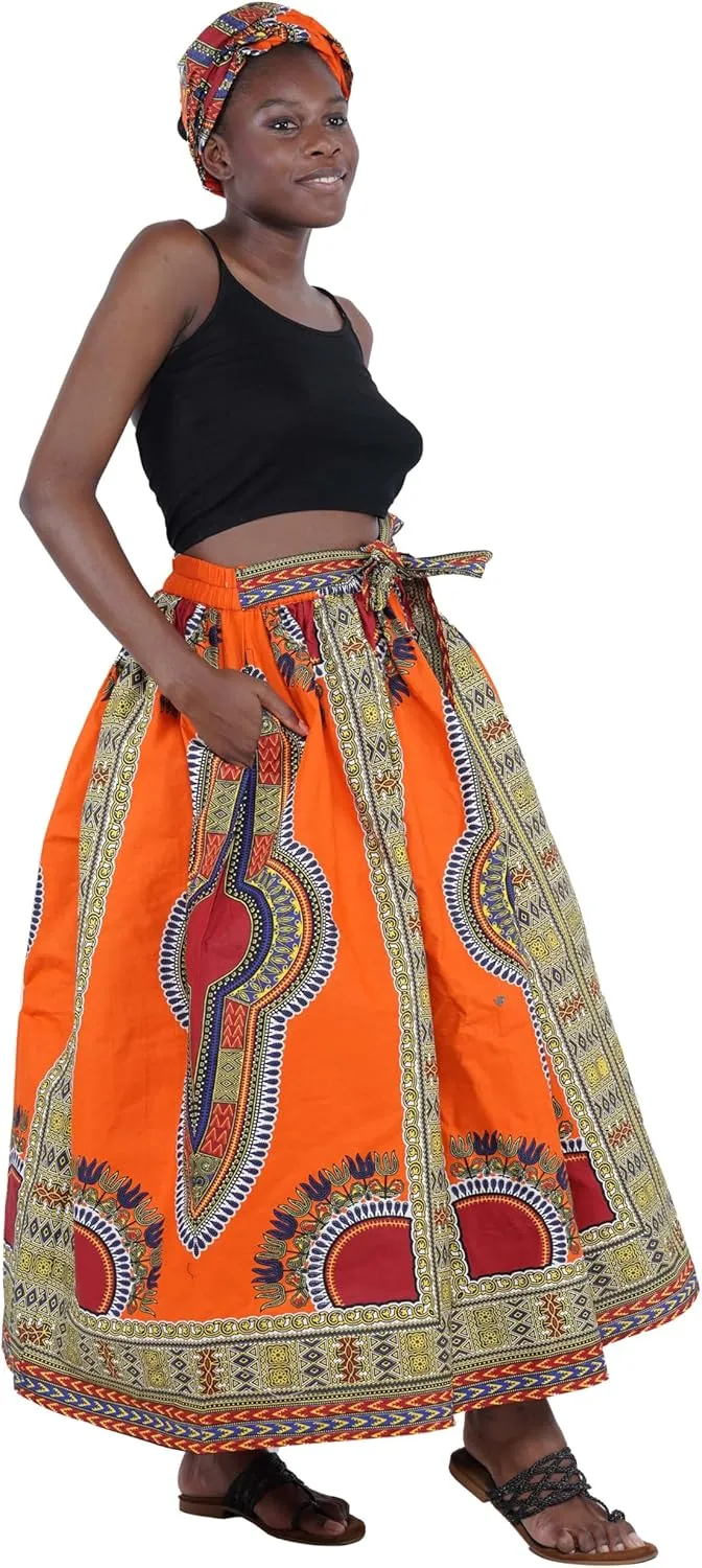 Women's Embossed Dashiki Print Long Maxi, Elastic Waist with Attached Belts & 2 Pockets, African Dashiki Skirt Afrocentric