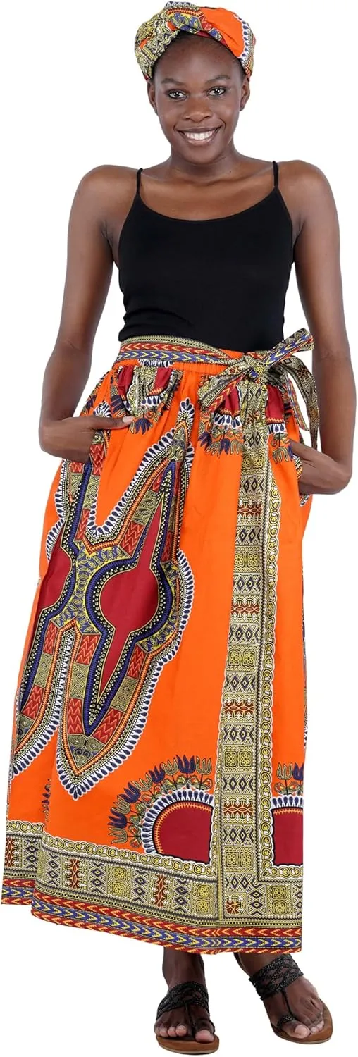 Women's Embossed Dashiki Print Long Maxi, Elastic Waist with Attached Belts & 2 Pockets, African Dashiki Skirt Afrocentric