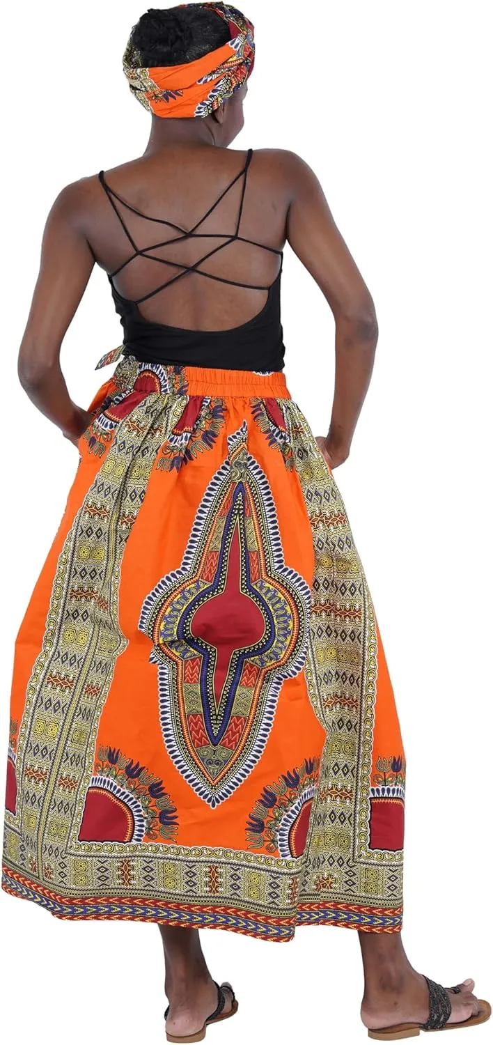 Women's Embossed Dashiki Print Long Maxi, Elastic Waist with Attached Belts & 2 Pockets, African Dashiki Skirt Afrocentric