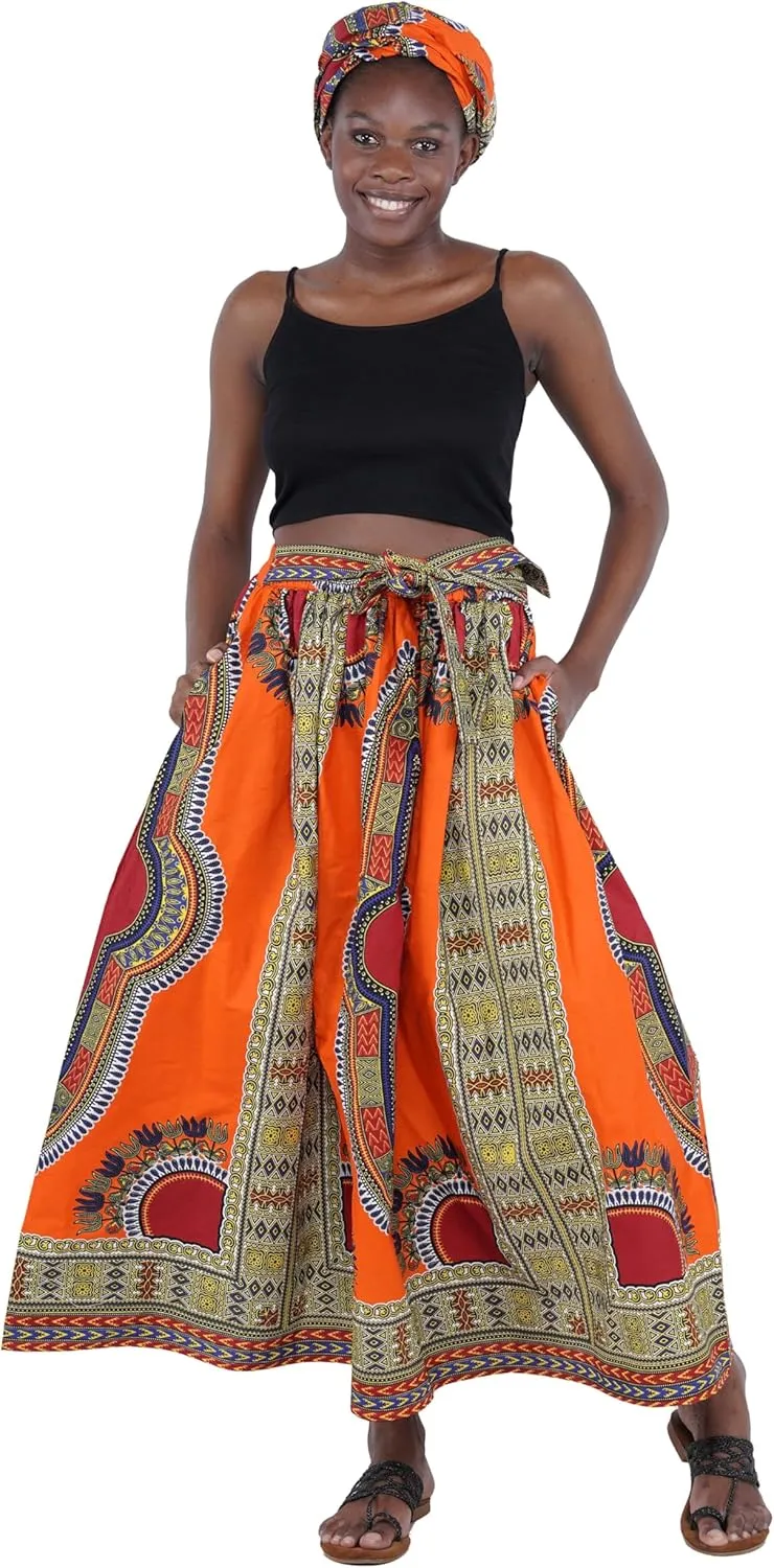 Women's Embossed Dashiki Print Long Maxi, Elastic Waist with Attached Belts & 2 Pockets, African Dashiki Skirt Afrocentric